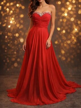 B. Darlin Red Strapless Beaded Sweetheart Pleated Chiffon Gown NWT Size 5/6